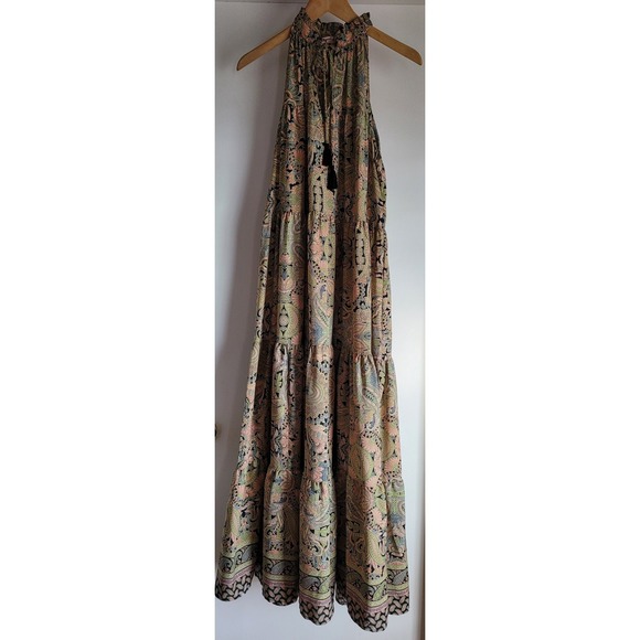 Boemos Dresses & Skirts - Boemo  Green Maxi Dress XL Tiered Paisley Halter Ruffle Neck Tasseled Ties Boho